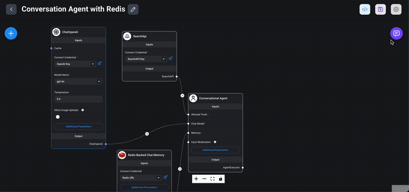 Interacting with the conversational agent in the Flowise chat interface