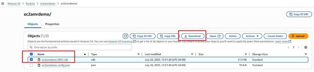 Downloading the generated .rdb file from the S3 bucket