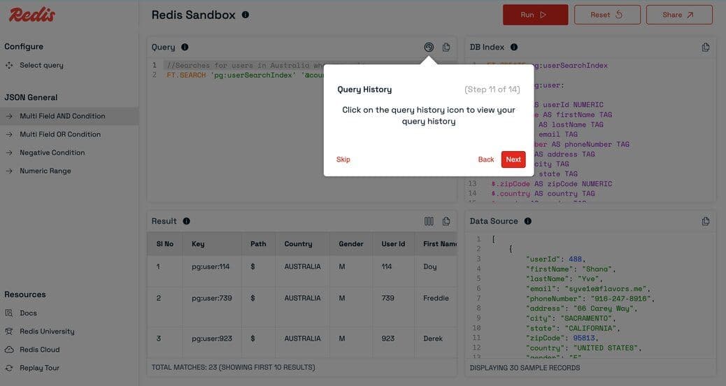 Accessing the query history from the header