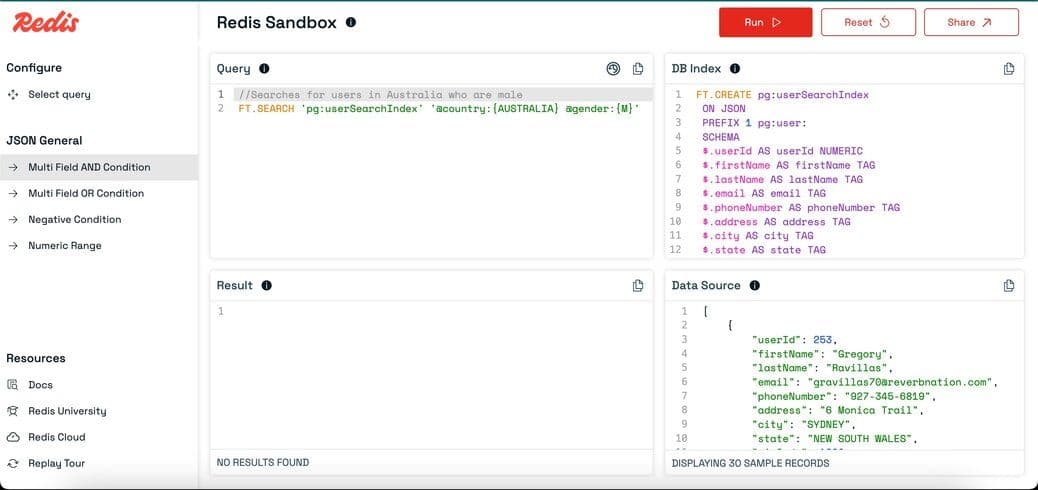 Query panel control buttons for running and resetting queries