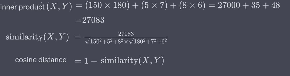 Table showing data used for calculating Cosine Distance between two products