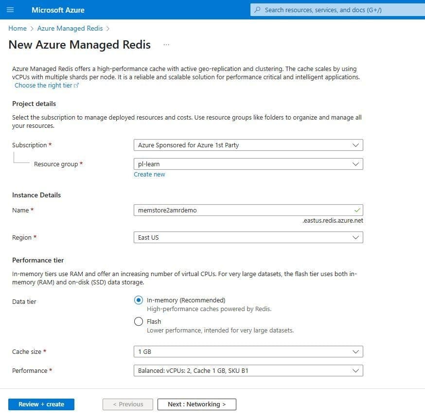 Sizing the Azure Managed Redis instance to match the Memorystore data size