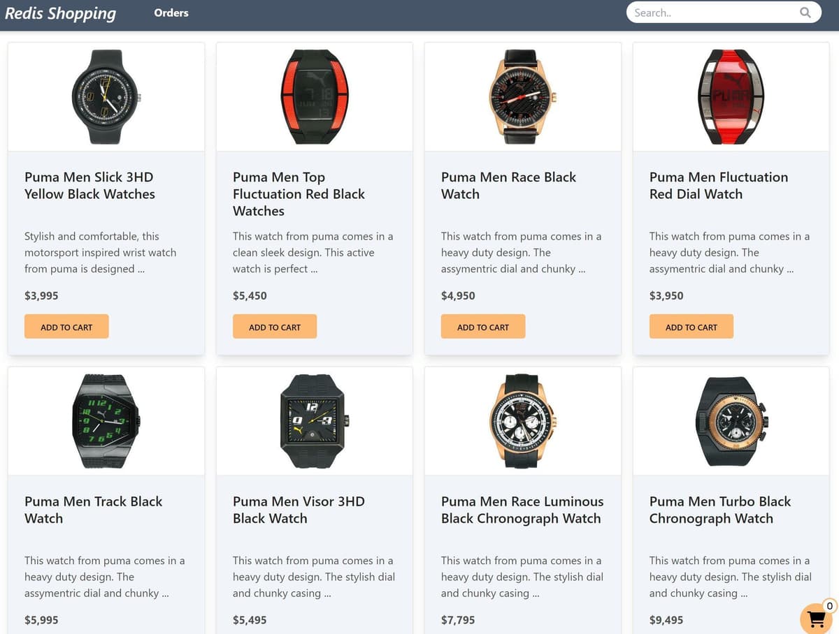 E-commerce app dashboard showing product list and search functionality