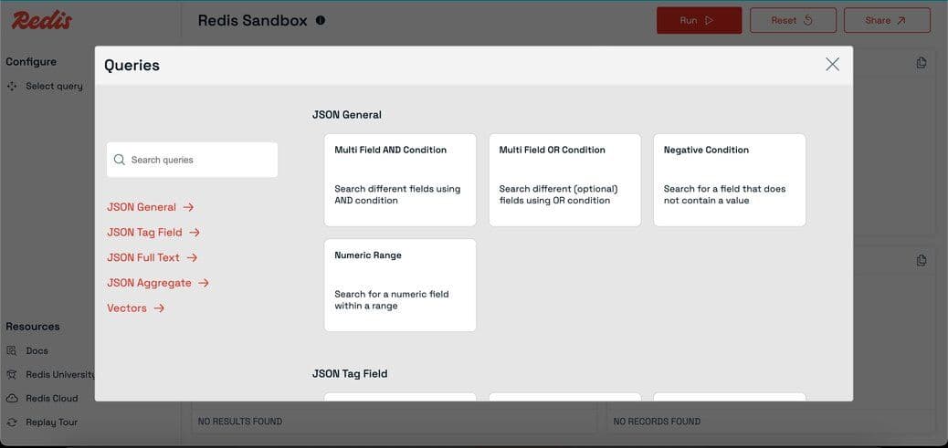 Popup menu showing a list of predefined Redis queries