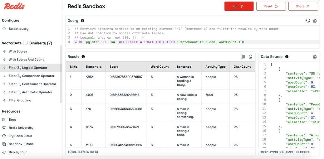 Redis Sandbox showing element similarity combined with a logical data filter