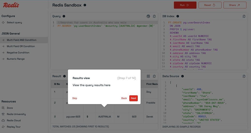 Results panel displaying query output in a table format
