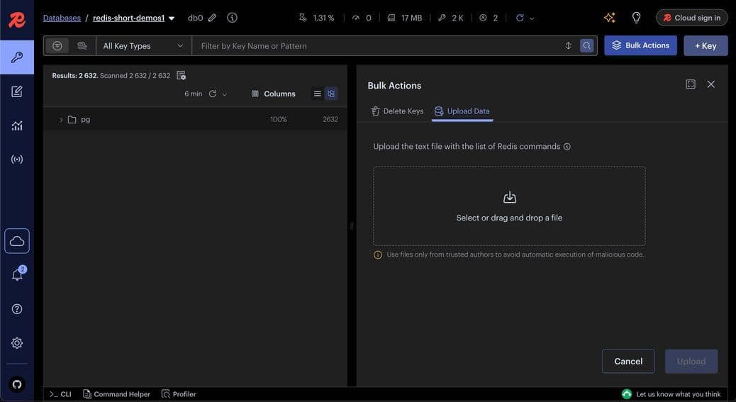 Redis Insight Bulk Actions interface for uploading a data file
