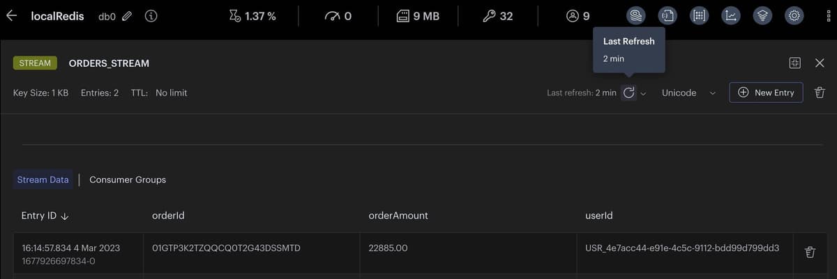 Redis Insight showing entries in the ORDERS_STREAM signaling new order creation
