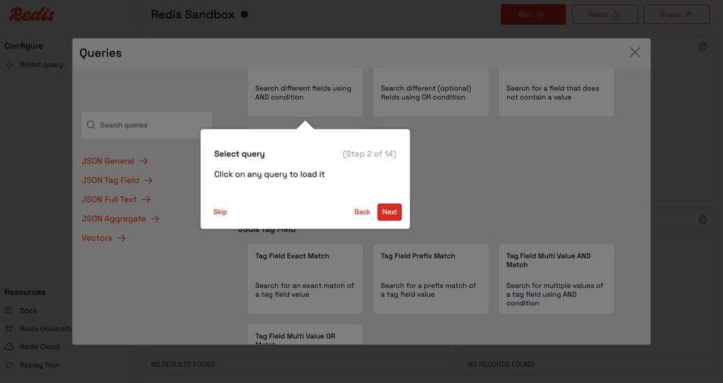 Loading a selected query into the Redis Sandbox editor