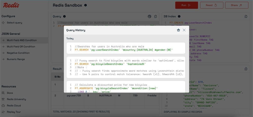 Viewing a list of past successful Redis queries