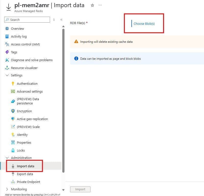 Importing data from the Azure Blob storage into the new Redis instance