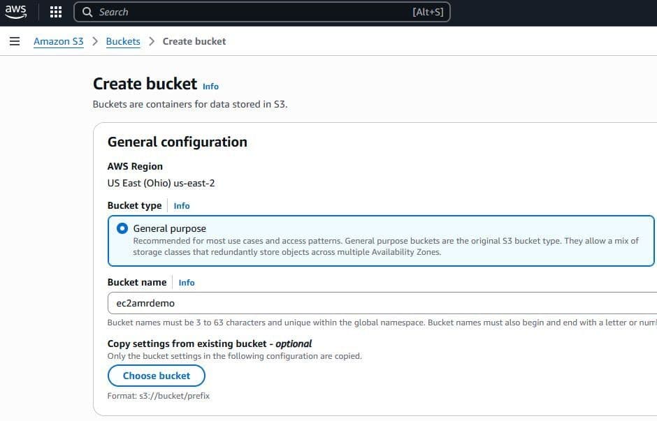 Creating a new S3 bucket in the AWS console