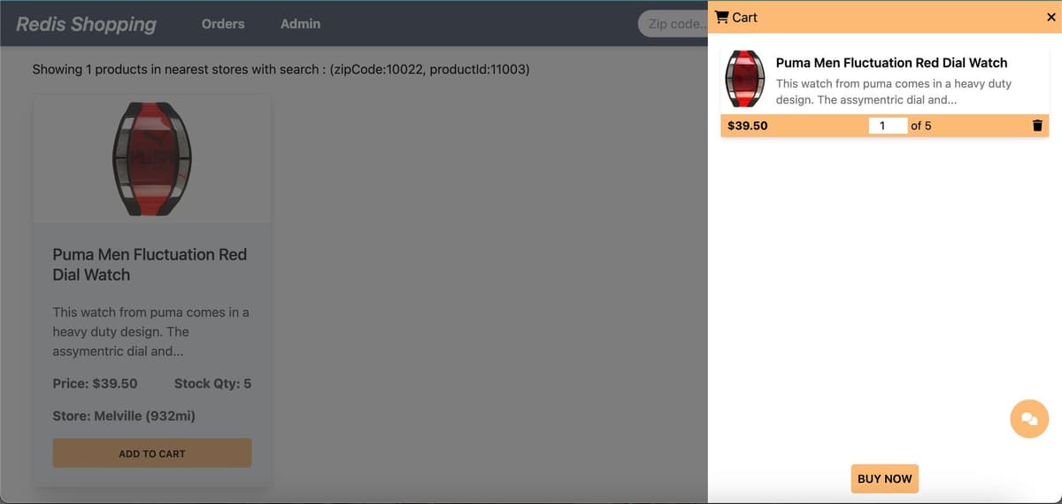 Shopping cart showing selected items