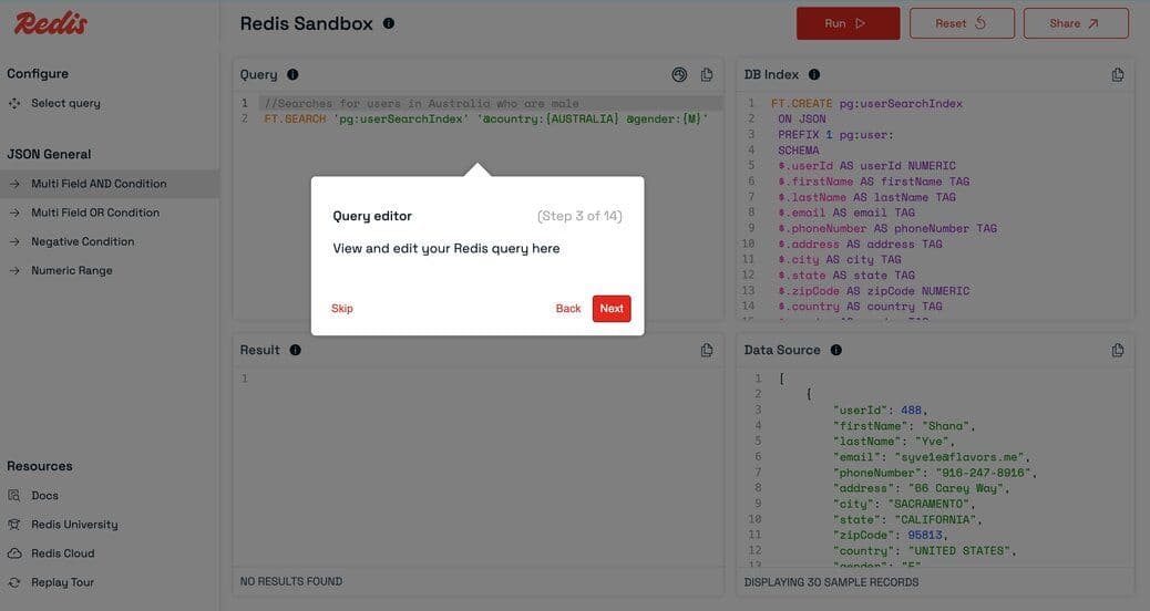 Query panel displaying the currently active Redis command