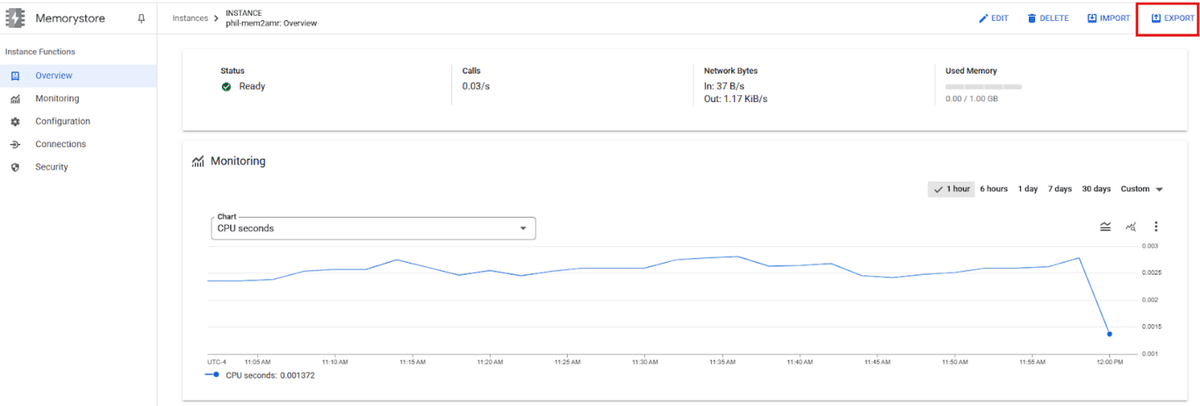 Selecting the Export option in the Google Cloud console for Memorystore