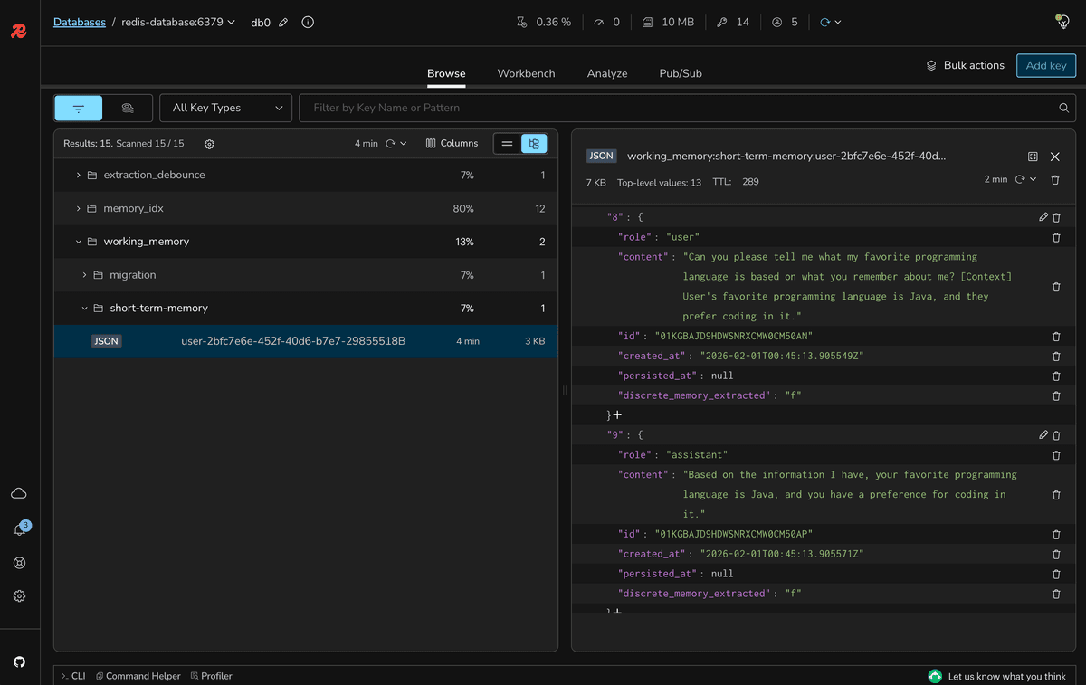 Redis Insight showing short-term memory with reranked context