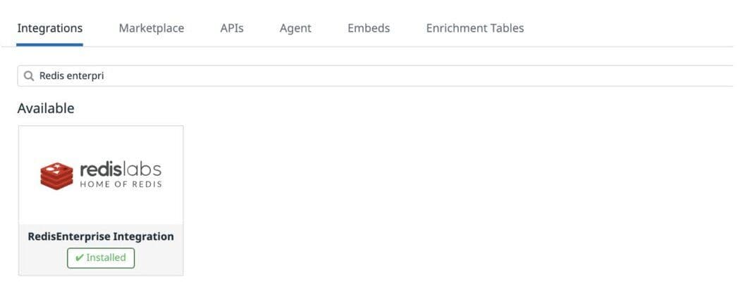 Finding the Redis Software integration in the Datadog Integration Menu