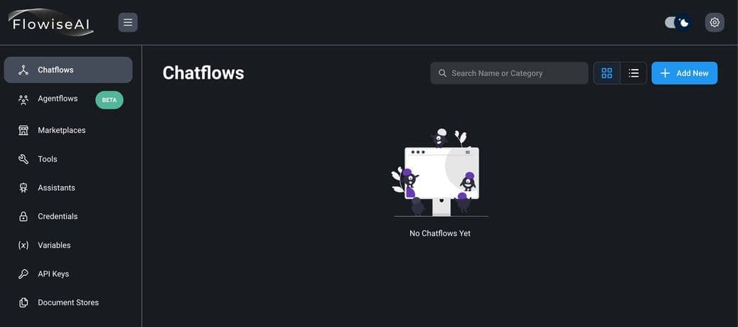 Creating a new chatflow in the Flowise interface
