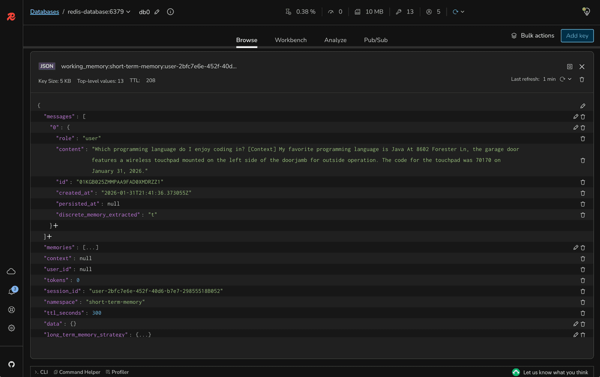 Redis Insight showing multiple memories for context