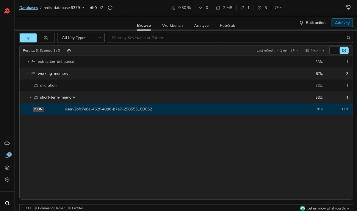 Redis Insight keys view showing working memory keys