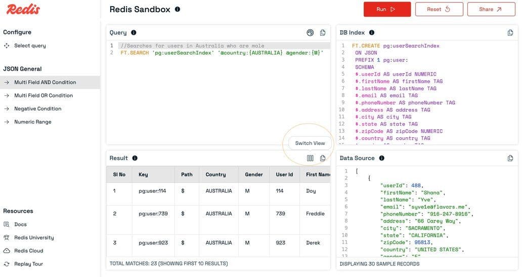 Switching between table and raw text views in the Results panel