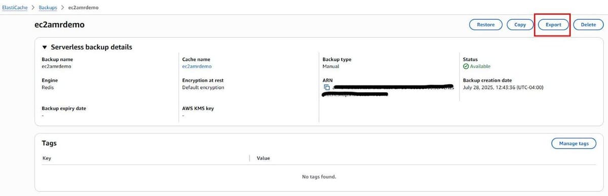 Exporting ElastiCache backup data