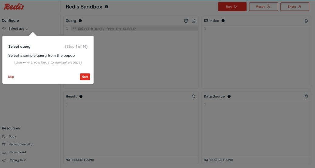 Clicking the Select query button in the Redis Sandbox sidebar