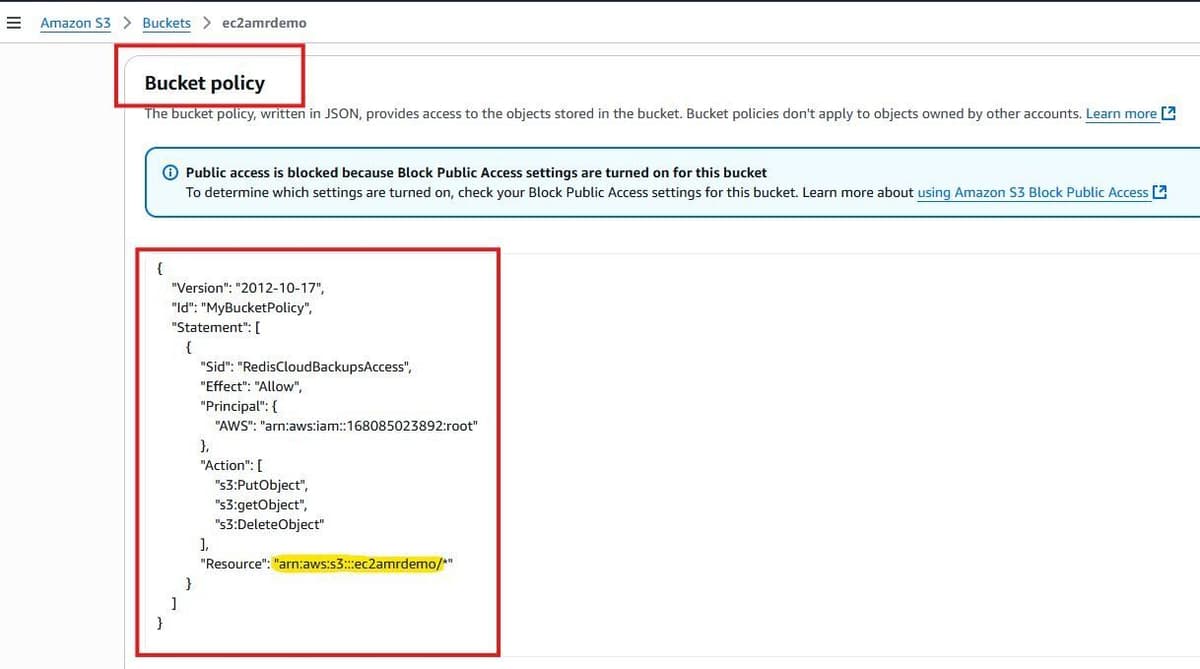 Defining an AWS S3 bucket policy for Redis Cloud backups access