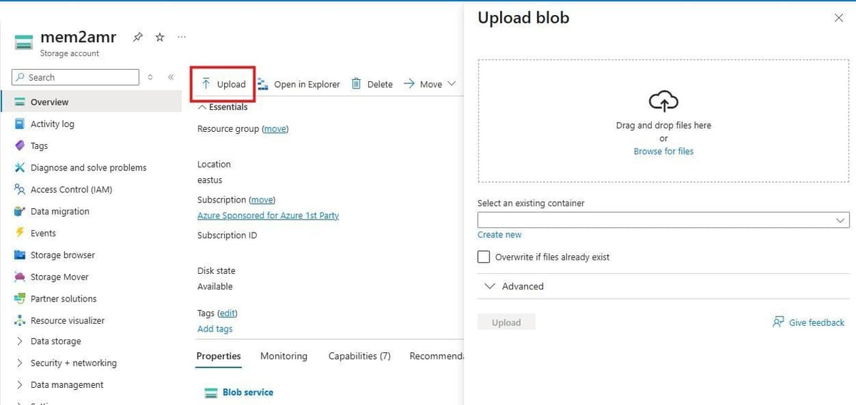 Uploading the .rdb backup file to an Azure Blob storage container